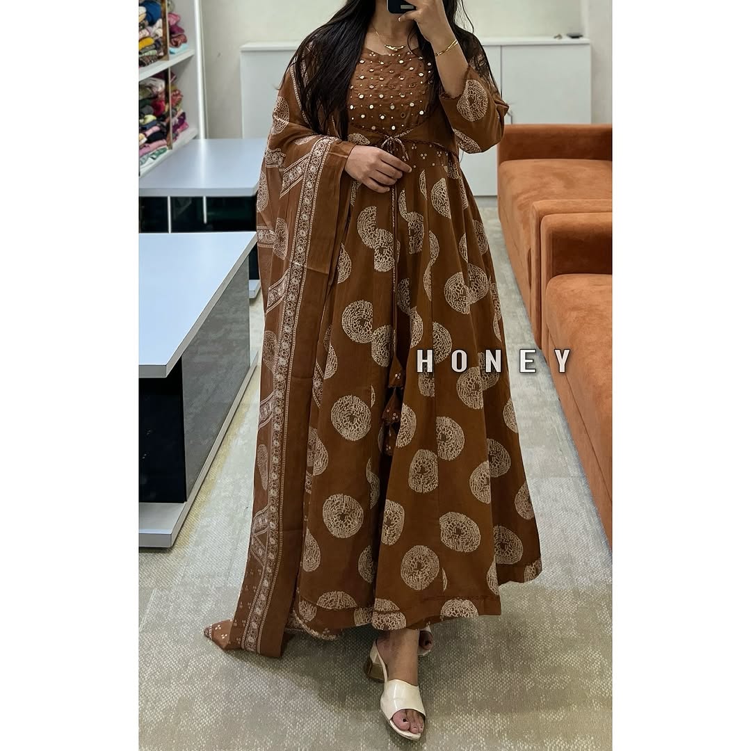 Mocha Brown Printed Anarkali Kurta Set with Matching Dupatta