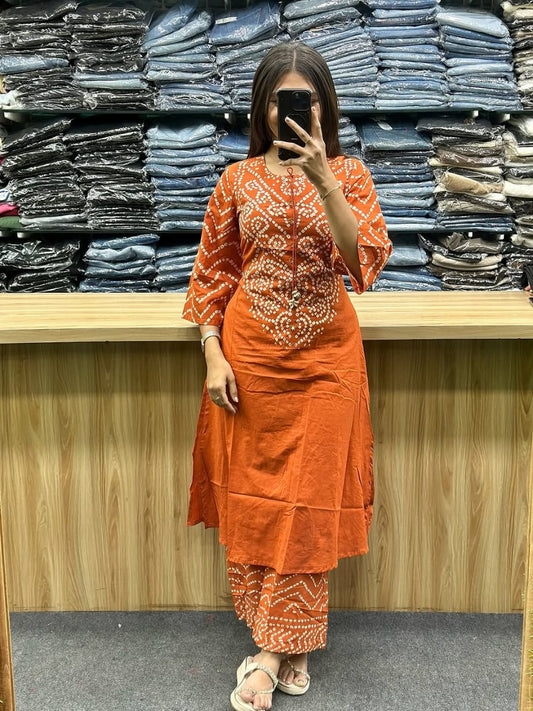 Rust Orange Bandhani Printed Kurta Set with Palazzo