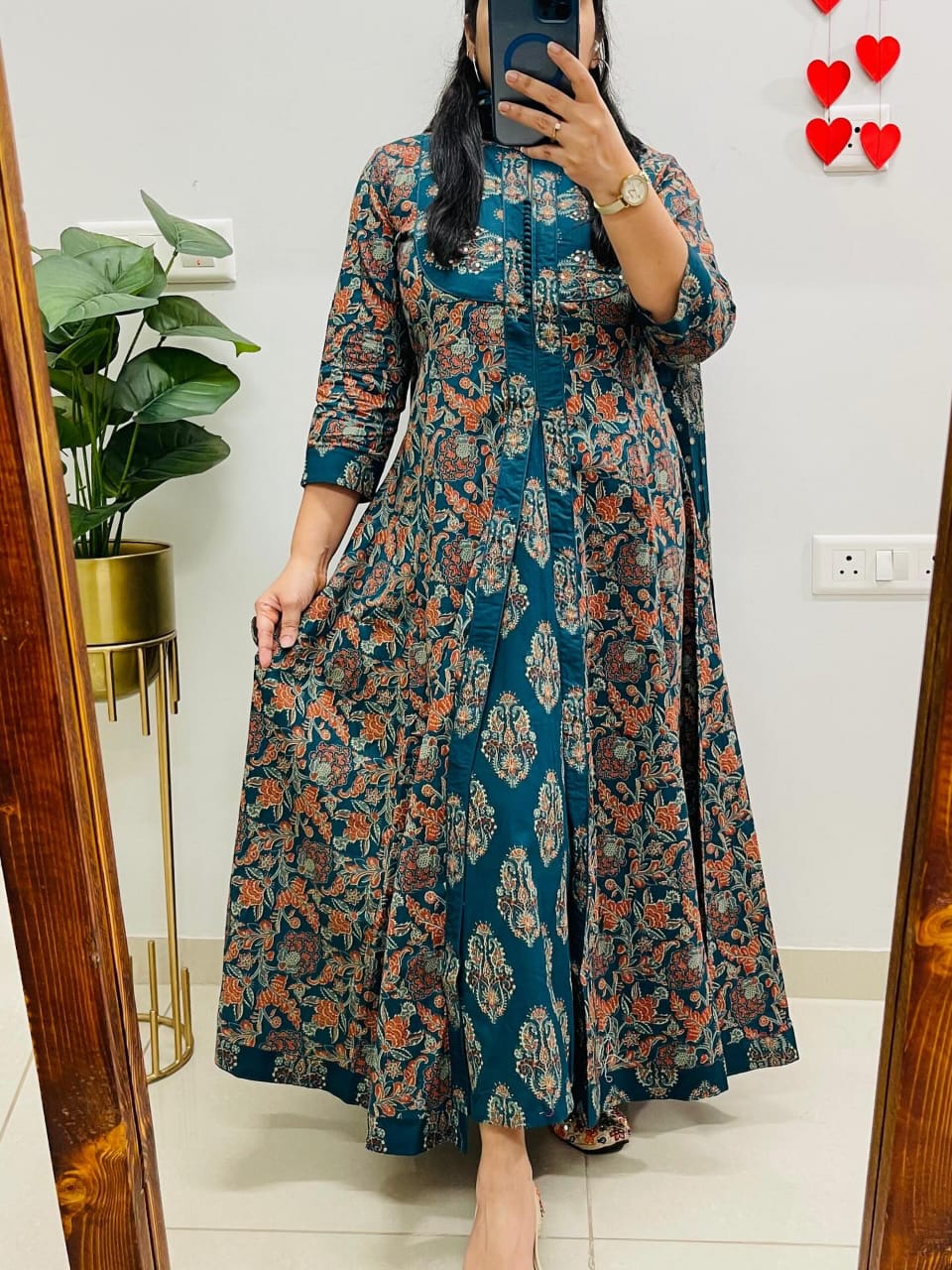 Teal Green Floral Printed Layered Anarkali Kurta Set
