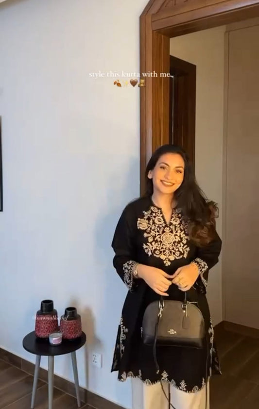 Black Embroidered Kurti with Off-White Straight Pants