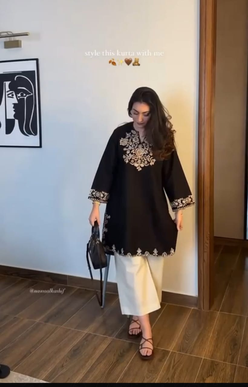 Black Embroidered Kurti with Off-White Straight Pants