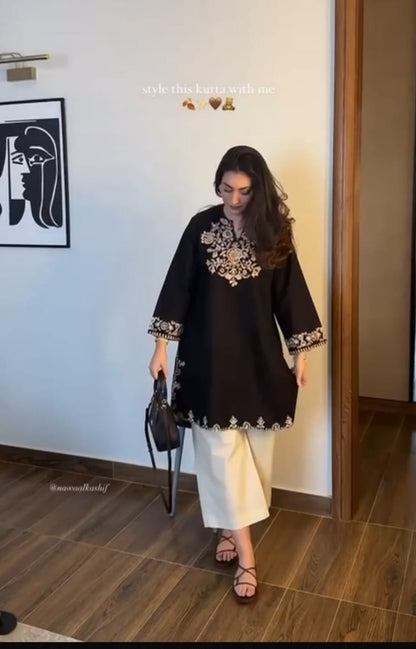 Black Embroidered Kurti with Off-White Straight Pants