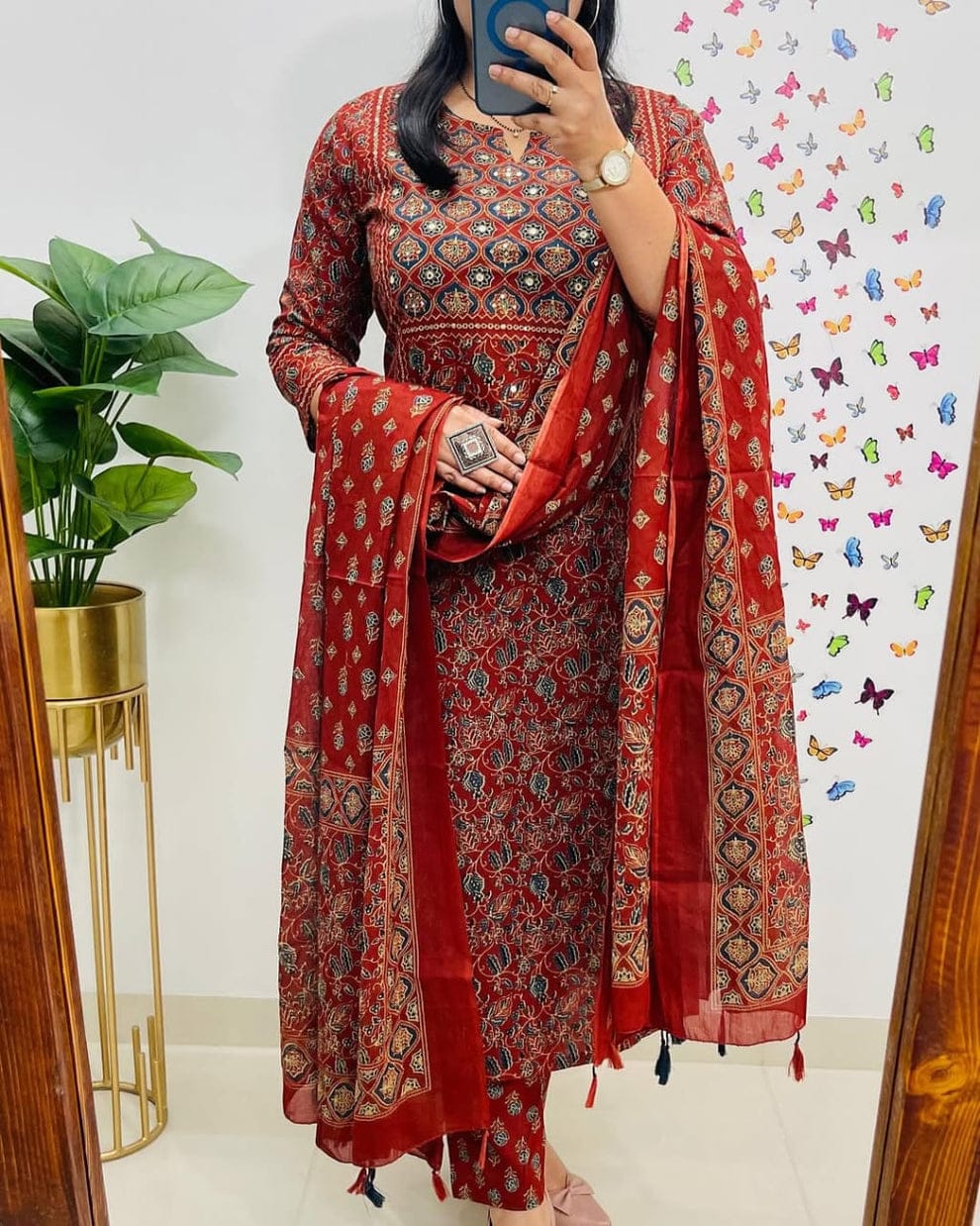 Maroon Ajrakh Print Straight Kurta Set with Dupatta