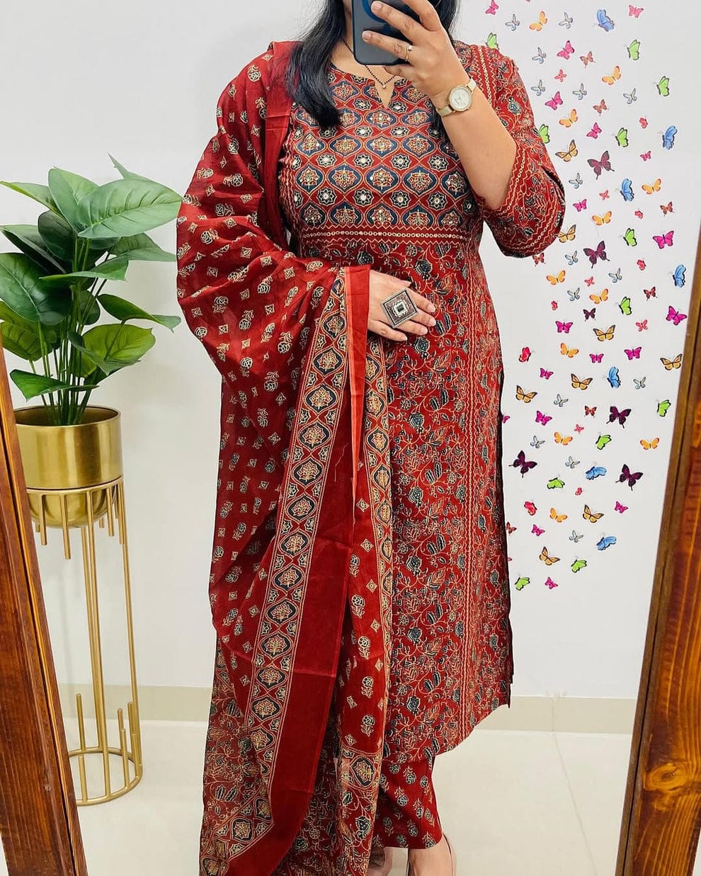 Maroon Ajrakh Print Straight Kurta Set with Dupatta