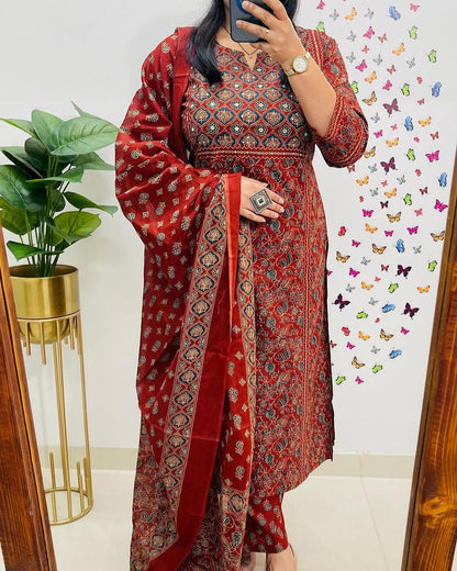 Maroon Ajrakh Print Straight Kurta Set with Dupatta