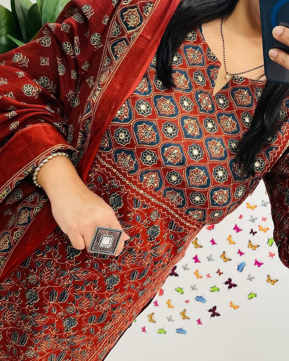 Maroon Ajrakh Print Straight Kurta Set with Dupatta