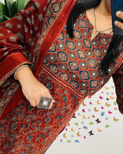 Maroon Ajrakh Print Straight Kurta Set with Dupatta