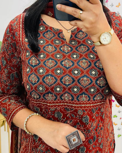 Maroon Ajrakh Print Straight Kurta Set with Dupatta