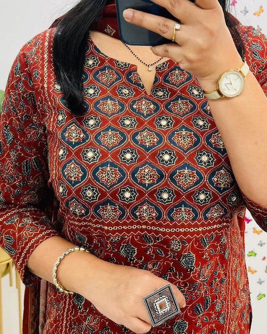 Maroon Ajrakh Print Straight Kurta Set with Dupatta
