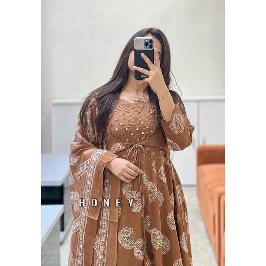 Mocha Brown Printed Anarkali Kurta Set with Matching Dupatta