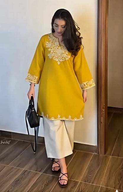 Mustard Yellow Embroidered Kurti with Off-White Straight Pants