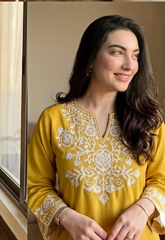 Mustard Yellow Embroidered Kurti with Off-White Straight Pants