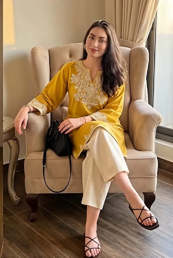 Mustard Yellow Embroidered Kurti with Off-White Straight Pants