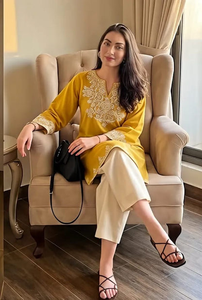 Mustard Yellow Embroidered Kurti with Off-White Straight Pants