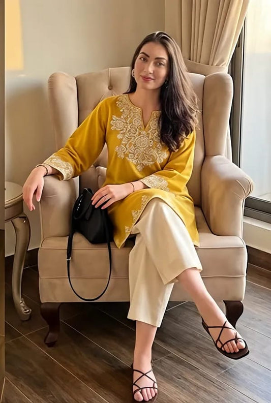 Mustard Yellow Embroidered Kurti with Off-White Straight Pants