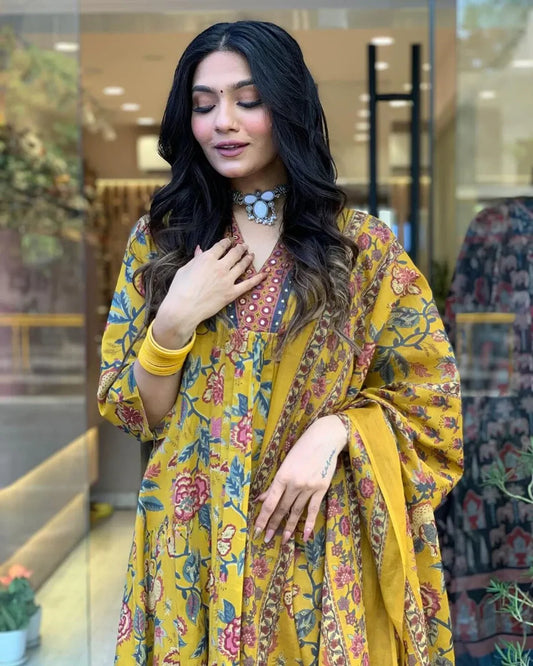 Mustard Yellow Floral Printed Anarkali Suit with Dupatta
