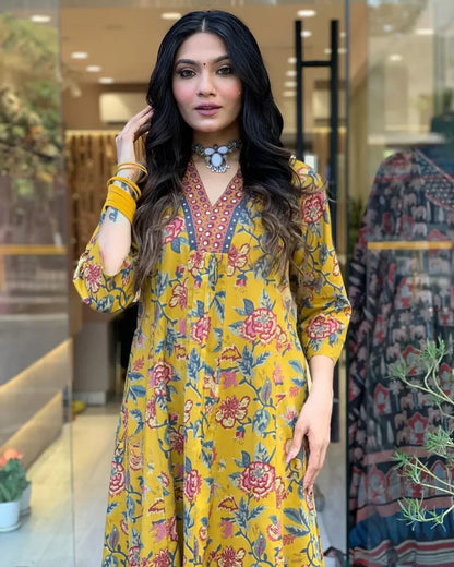 Mustard Yellow Floral Printed Anarkali Suit with Dupatta