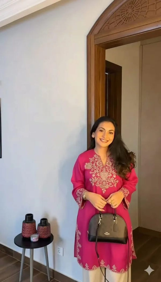 Raspberry Pink Embroidered Kurti with Off-White Straight Pants
