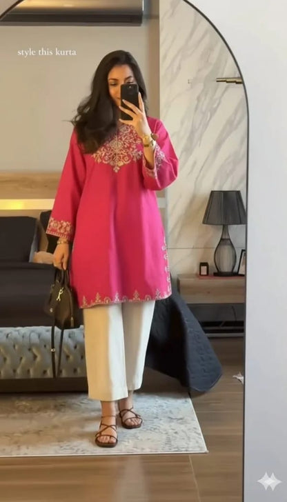 Raspberry Pink Embroidered Kurti with Off-White Straight Pants