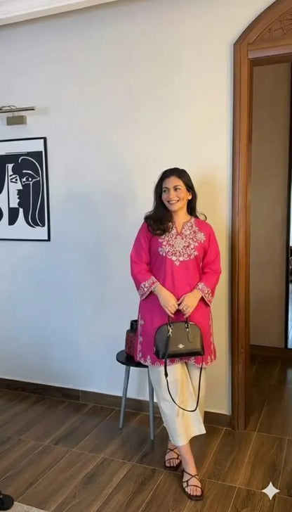 Raspberry Pink Embroidered Kurti with Off-White Straight Pants