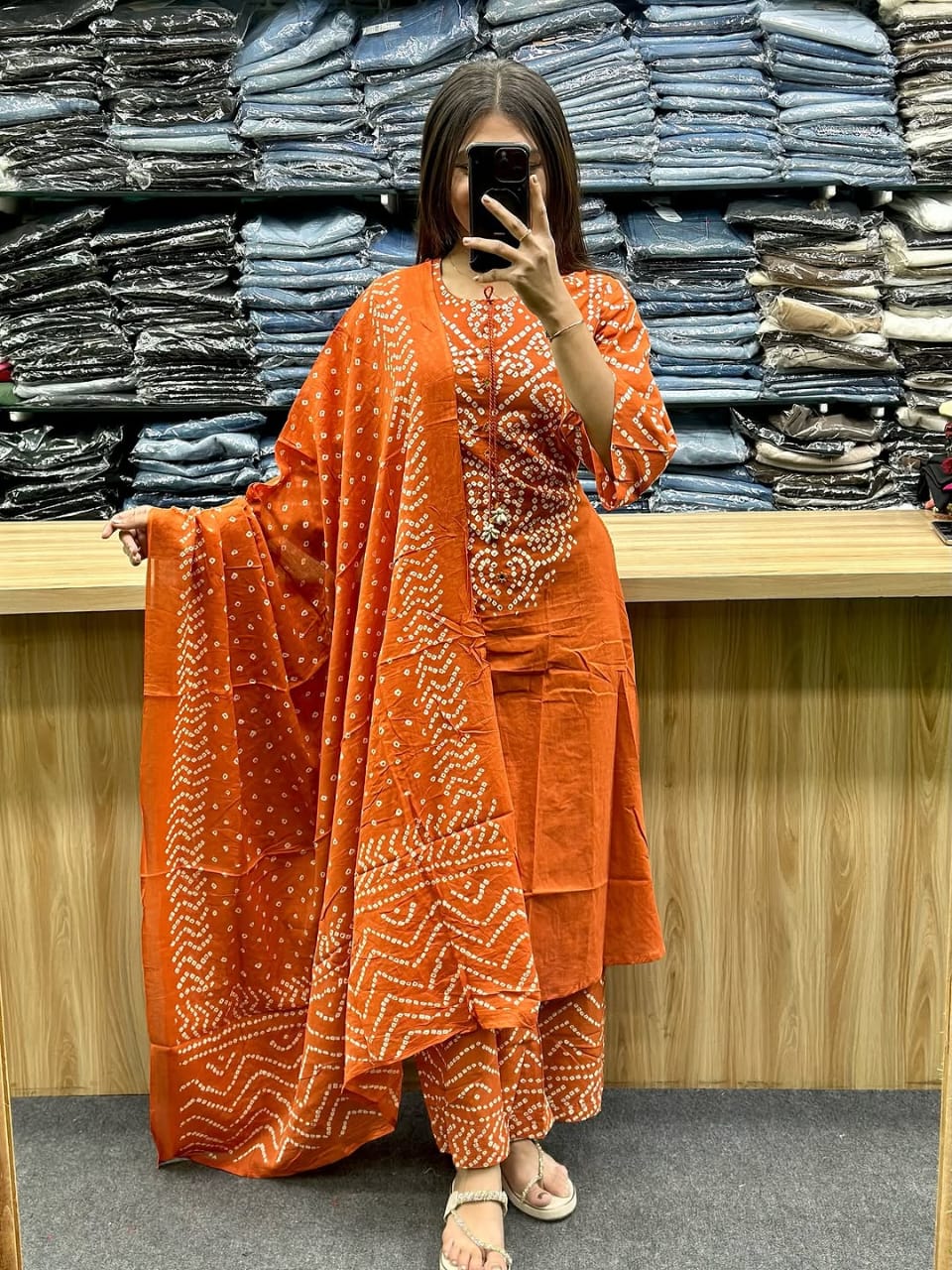 Rust Orange Bandhani Printed Kurta Set with Palazzo