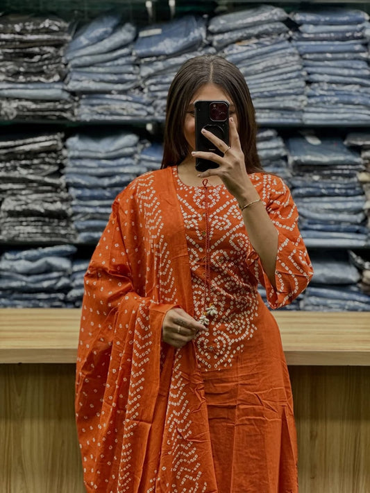 Rust Orange Bandhani Printed Kurta Set with Palazzo