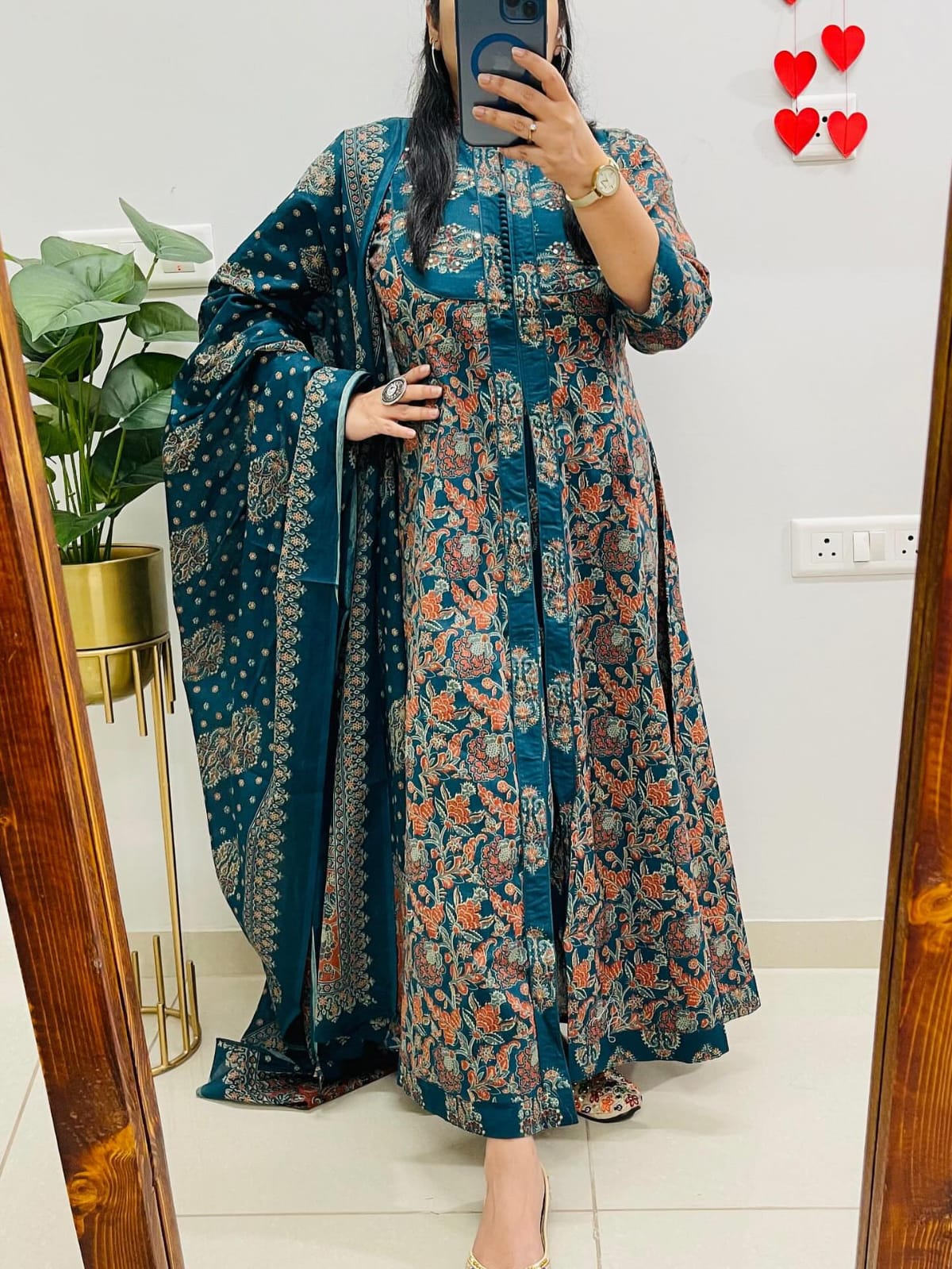 Teal Green Floral Printed Layered Anarkali Kurta Set