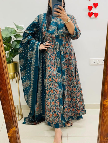 Teal Green Floral Printed Layered Anarkali Kurta Set