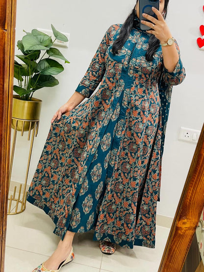 Teal Green Floral Printed Layered Anarkali Kurta Set