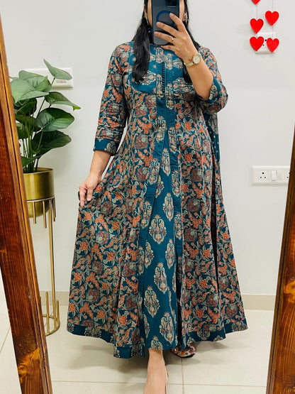 Teal Green Floral Printed Layered Anarkali Kurta Set