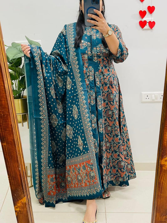 Teal Green Floral Printed Layered Anarkali Kurta Set