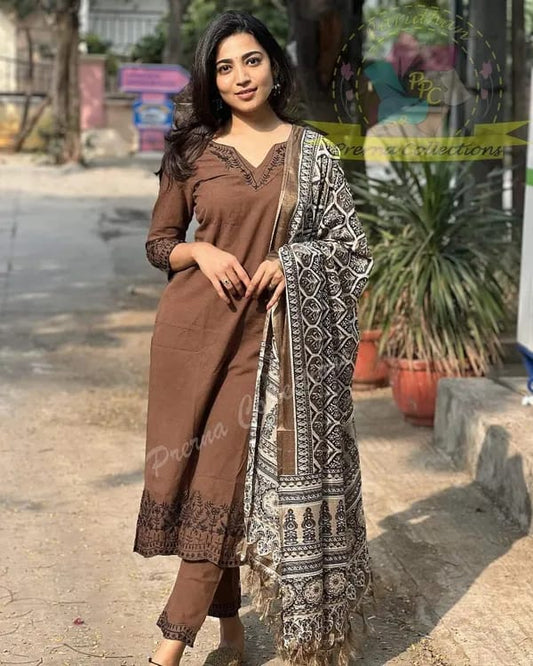Coffee Brown Embroidered Cotton Kurti With Pant And Khaddar Silk Digital Print Dupatta