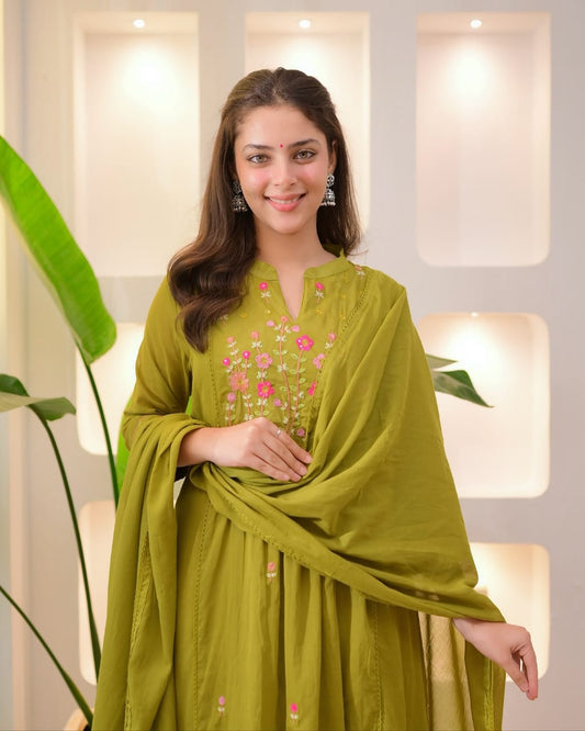 Olive Garden Threadwork A Line Mul Cotton Suit