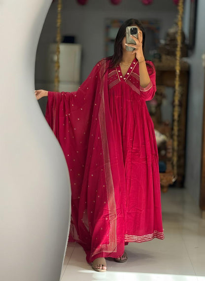 Rani Pink Anarkali Kurta Set with Dupatta for Women