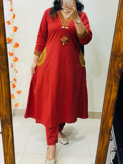 Women Red Cotton Rich Dhabu Embroidery Kurta Pant and Dupatta set