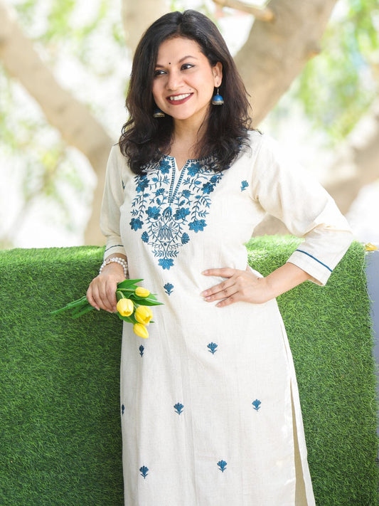 Ivory White Thread-Embroidered Kurta Pant Set