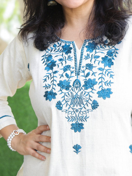 Ivory White Thread-Embroidered Kurta Pant Set