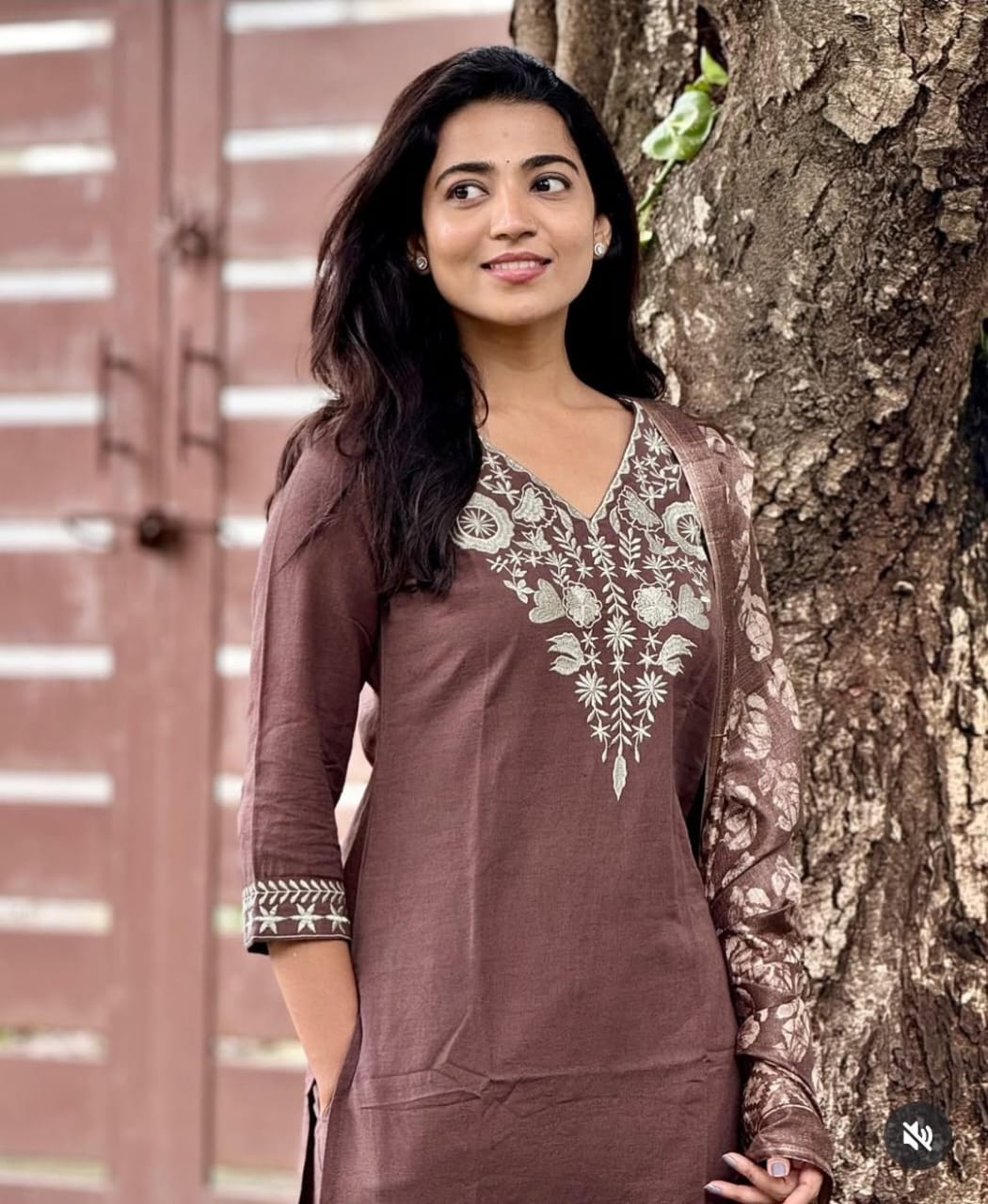 Mocha Brown Embroidered Kurta Pant Set with Printed Dupatta