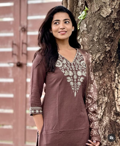 Mocha Brown Embroidered Kurta Pant Set with Printed Dupatta