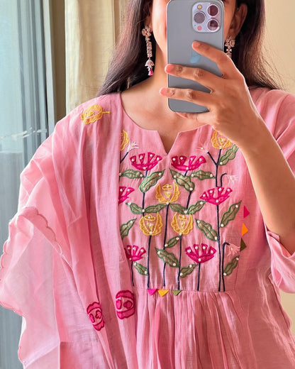 Blush Pink Embroidered Cotton Kurta Set