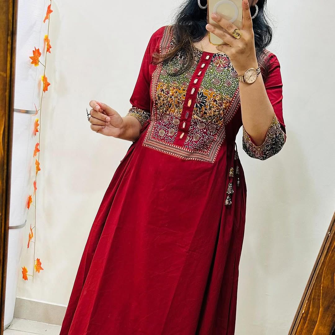 Wine Red Heritage Print A-Line Kurta Set