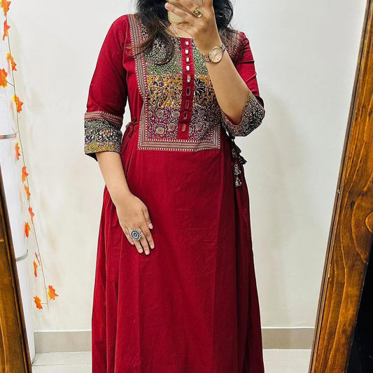 Wine Red Heritage Print A-Line Kurta Set