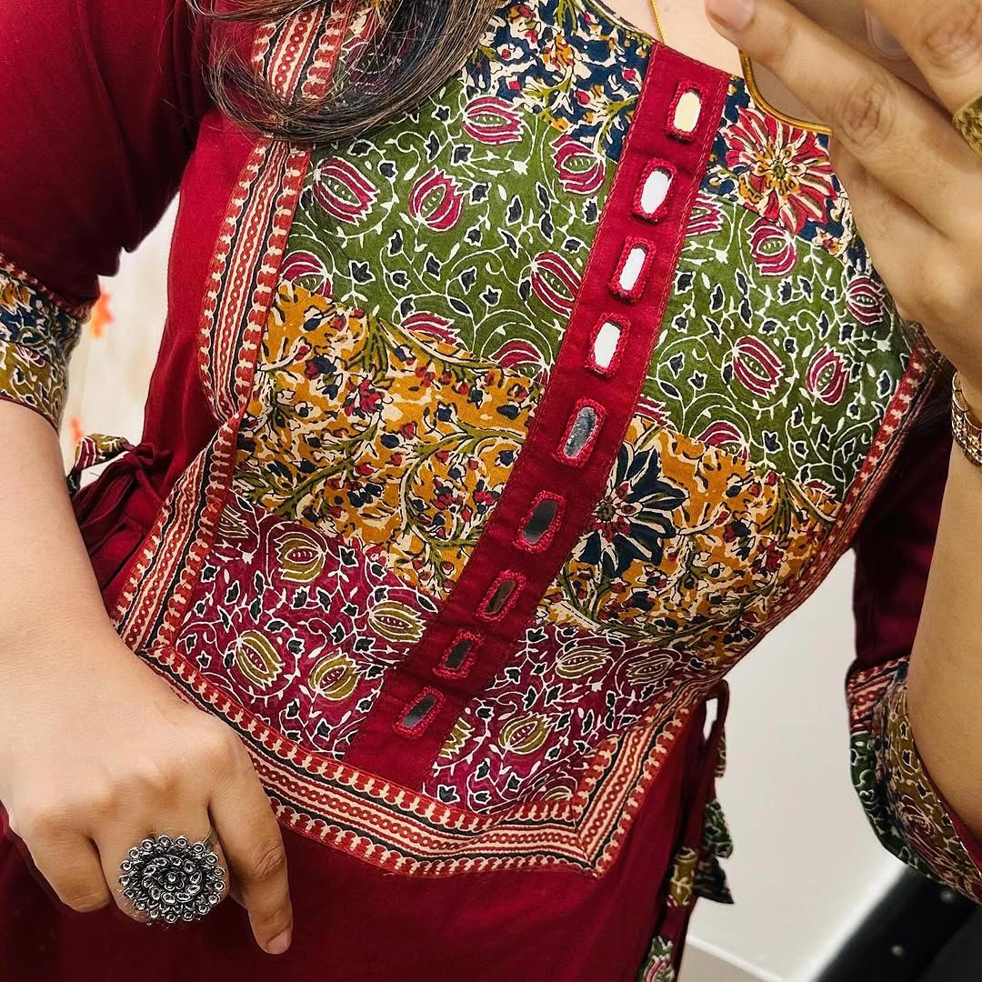 Wine Red Heritage Print A-Line Kurta Set