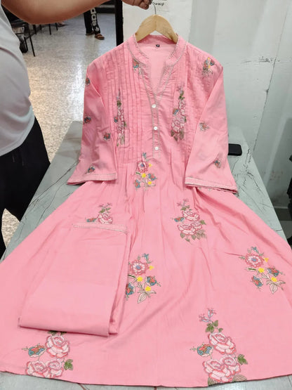 Pink  A-line mulmul cotton kurta set with a plazo